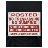 Norfolk Southern Railroad No Trespassing Metal Sig