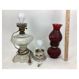 Ruby red Daisy and button oil lamp, clear glass