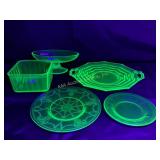 Uranium glass items. Plate has chip.