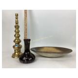 Brass holder, wooden oblong bowl and drip glaze