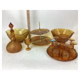 Golden glass tiara. Bowls, goblet cups, tray,