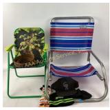 Beach chair, baseball style hats , knit hat,