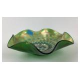 Fenton Green Carnival Glass Coin Dot Ruffled Bowl