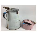 Enamelware pitcher and pink teakettle