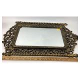 Ornate rectangular brass mirror with filigree fram