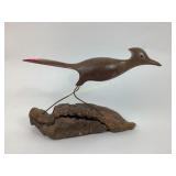 Carved Wooden Roadrunner Sculpture on Wooden Base