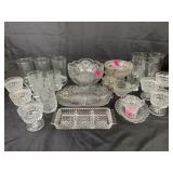 Cut glass bowl, drinking glasses, Fostoria sugar