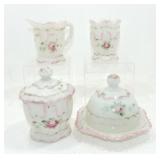 Milk glass 4 pc table set, hairline to creamer,