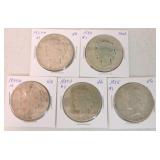 Lot of 5 Peace dollars