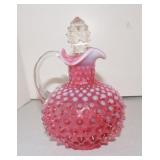 Fenton cranberry opalescent hobnail cruet, 6"