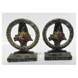 Cast iron pair of flower basket bookends, 5"