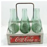 Coca Cola metal 6 pack carrier with bottles, all