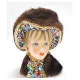 Napco lady head vase with fur coat and hat and