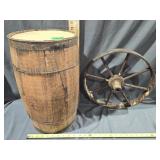 Wagon Wheel and Wooden Barrel