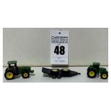 John Deere Miniature Tractors (2) and Flatbed Toy Trailer