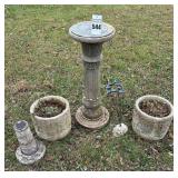 Copper Sundial on Concrete Column, Rain Chimes, Celtic planters,