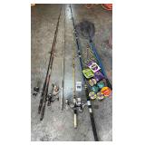 5 fishing poles and rods, nets, fishing line,