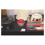 Variety of Kitchen items: Lidded Metal Storage Bowls (set of 3), Crock Pot, Hamilton Beach Knife, hand chopper, etc.