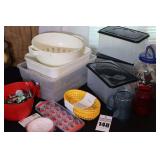 Variety of plastic storage containers (3 lidded), glass dish, jug, magnets, ice tray etc.