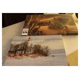 2 Lighted Canvas Wall Hangings with Christmas Theme: Light house & winter scene (batteries are not included)