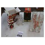 Variety of Coca-Cola items: Set of 8 glass Glasses with Santa - Santa Figurines - Musical Ornament - Porcelain Church Tower etc.