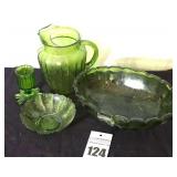 Vintage Green Glass serving pieces: Serving bowl, footed vase & pitcher