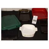 Variety of Baking Dishes: 1 loaf, I Corning, 2 casserole, & 9x13 with top