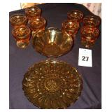 Vintage Amber Glass Items: Round Plate, Bowl, 8 Footed Fairfield low sherbert Goblets & additional items