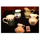 Collection  of 5 Pitchers -  4 Vintage Roseville Pottery and ceramic wall planter