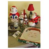 Variety of Christmas items: Cat Cookie Jar, Soap Dispensers, Pitcher, Bank, Vase, Lamp Trays etc.