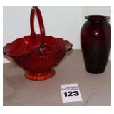 Vintage Indian Glass Ambrein Red Basket & Vase