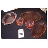 5 pieces of Vintage Pink Depression Glassware- Mayfair Open Rose Design: Sugar Bowl, Oval Bowls/Plates, & oval Platter