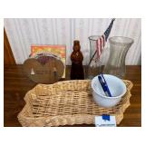 Wicker Basket, Napkin Holder, Glass Vases