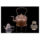 Copper Kettle, Silver Plate, Brass Trivets