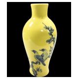 Asian Inspired Bird Decorated Blue/Yellow Vase