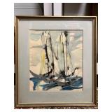 Signed Watercolor Abstract Sailboats