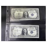 (2) blue seal 1957 B one dollars bills