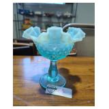 Fenton Blue Glass Hob Knob Ruffled Pedestal Dish