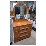 Vintage three drawer dresser with round mirror