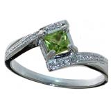 Asscher Cut Natural Peridot & Diamond Ring