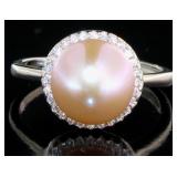 Quality 10 mm Rose Pearl Halo Ring