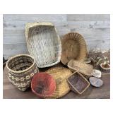 6x baskets, tray, brass art work, misc