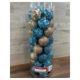 Container of shatterproof ornaments- blue and