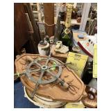 ASSORTED DECOR - STATUE, WHEEL, BOTTLE, ETC (ON 34