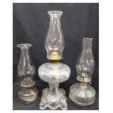 3 antique glass kerosene lamps, tallest is 19"