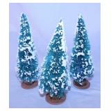 3 flocked bottle brush Christmas trees, 8" tall -