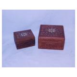 2 hand carved wood dresser boxes w/ hinged lids,