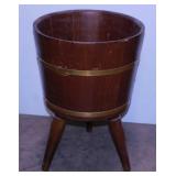 Mid Century wood & brass barrel planter bucket