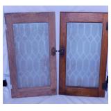 2 oak framed etched glass cabinet doors, 12" x 21"