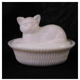 Vintage milk glass cat on basket candy dish,